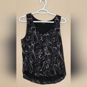 RW & CO 2-layer Chiffon Sleeveless Black Floral Top With Pleated Neckline Sz M